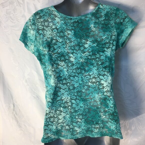 Rue 21 Fashion Lace Blouse Women's Size L Top Stylish Green Aqua Shirt Stretchy - Picture 9 of 14